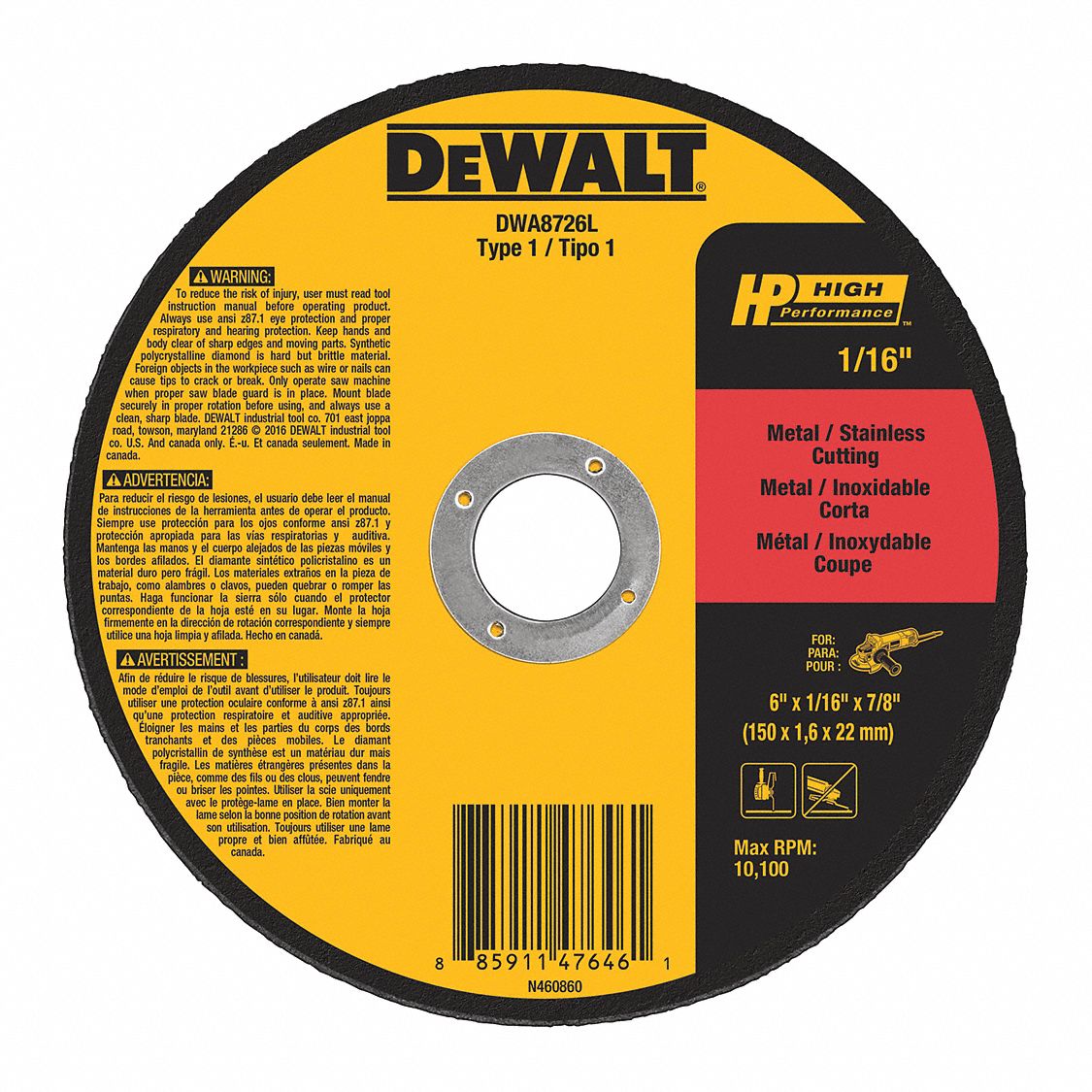 DEWALT 6 in, Type 1 Ceramic Abrasive CutOff Wheel, 7/8 in Arbor Hole