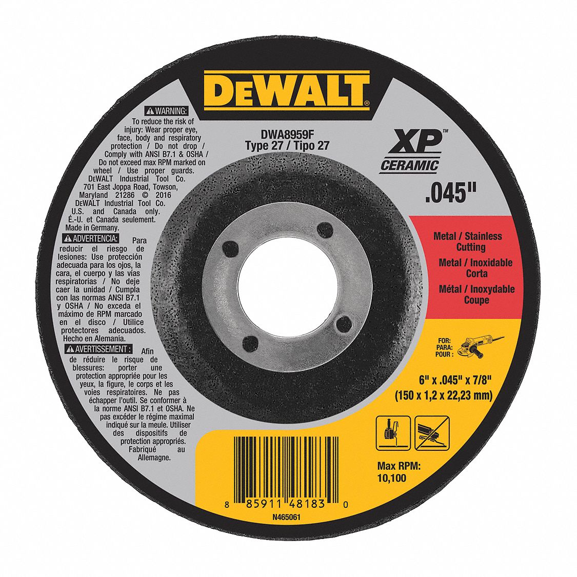 DEWALT, Type 27, 6 in x 0.045 in x 7/8 in, Depressed Center CutOff