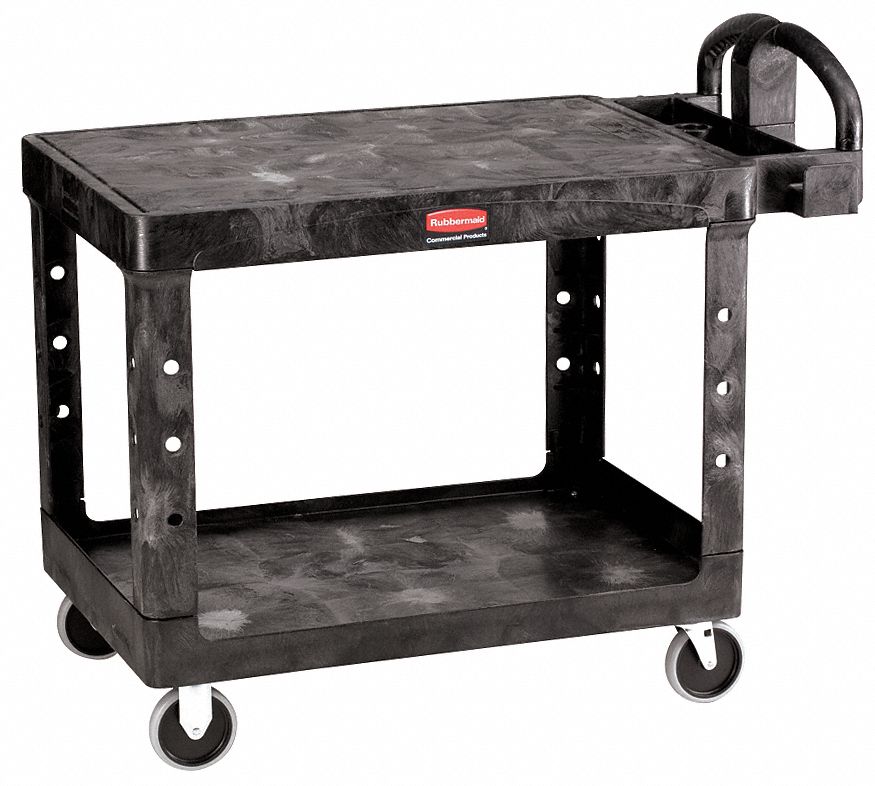 RUBBERMAID COMMERCIAL PRODUCTS, Black, Utility Cart with Deep Lipped & Flush Plastic Shelves