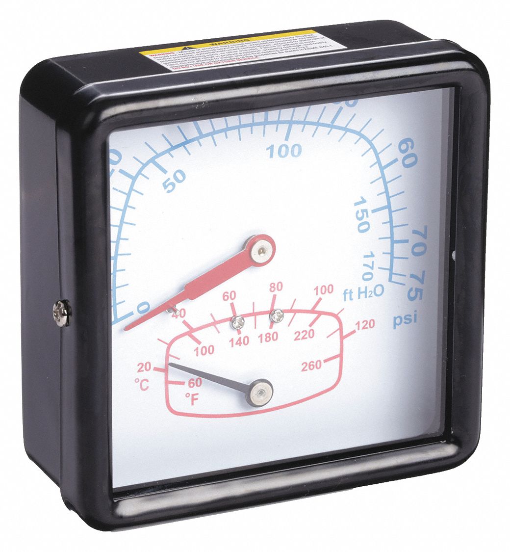 0 to 75 psi, 60° to 260°F, Square Boiler Gauge 4CFC74CFC7 Grainger