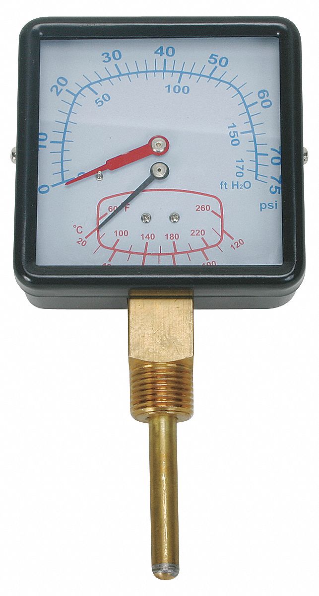 GRAINGER APPROVED Square Boiler Gauge with 1/2 in MNPT Bottom