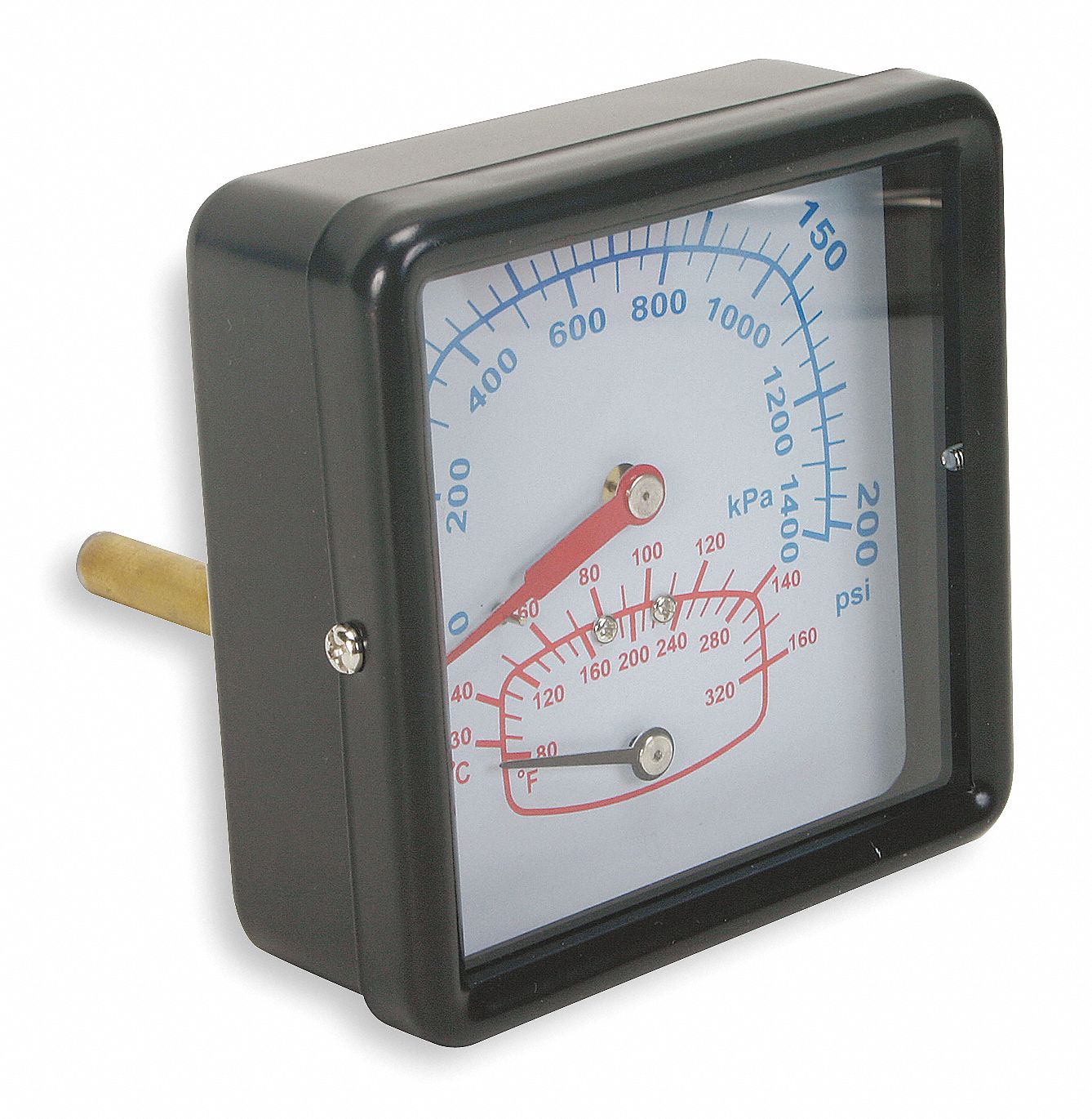 GRAINGER APPROVED Square Boiler Gauge with 1/2 in MNPT Lower Back Connection, 0 to 200 psi