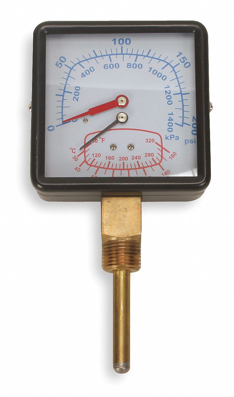 GRAINGER APPROVED Square Boiler Gauge with 1/2 in MNPT Bottom Connection, 0 to 200 psi 4CFD1