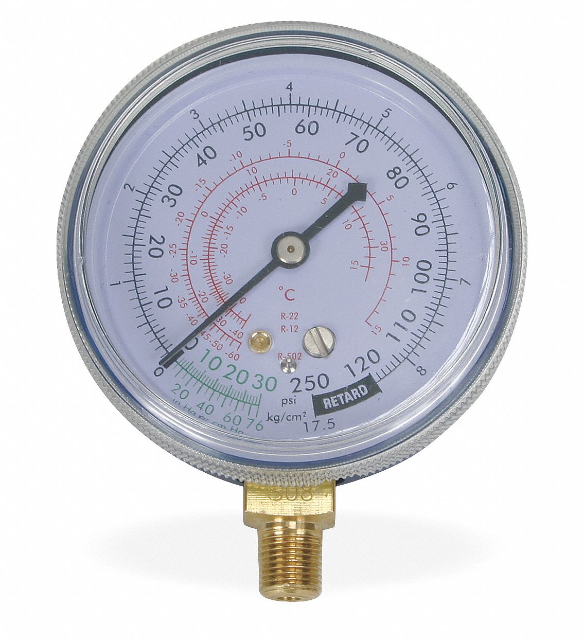 GRAINGER APPROVED Gauge, 21/2 In Dia, Low Side, Blue, 250 psi 4CFD3