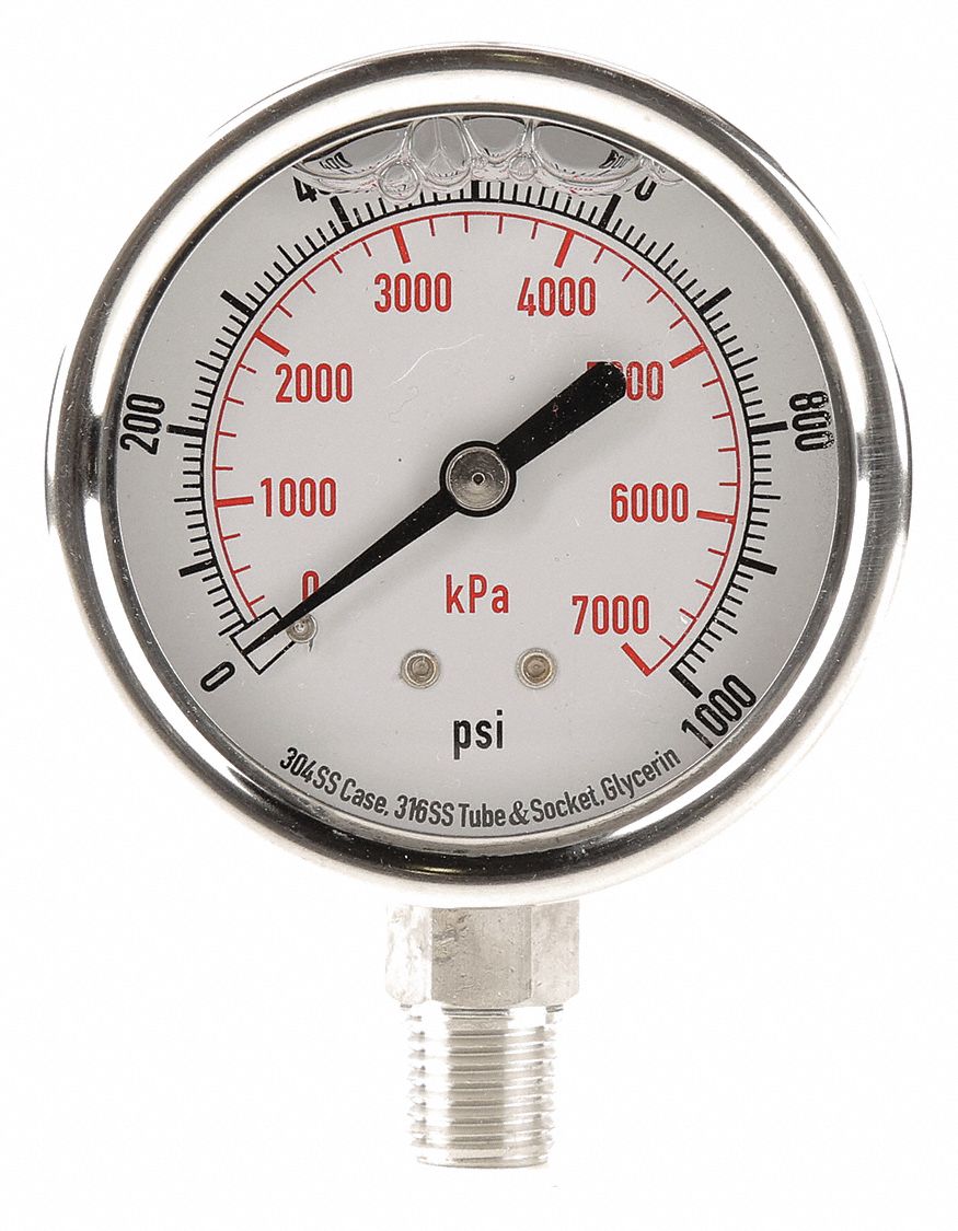 GRAINGER APPROVED Pressure Gauge, 0 to 1000 psi, 0 to 7000