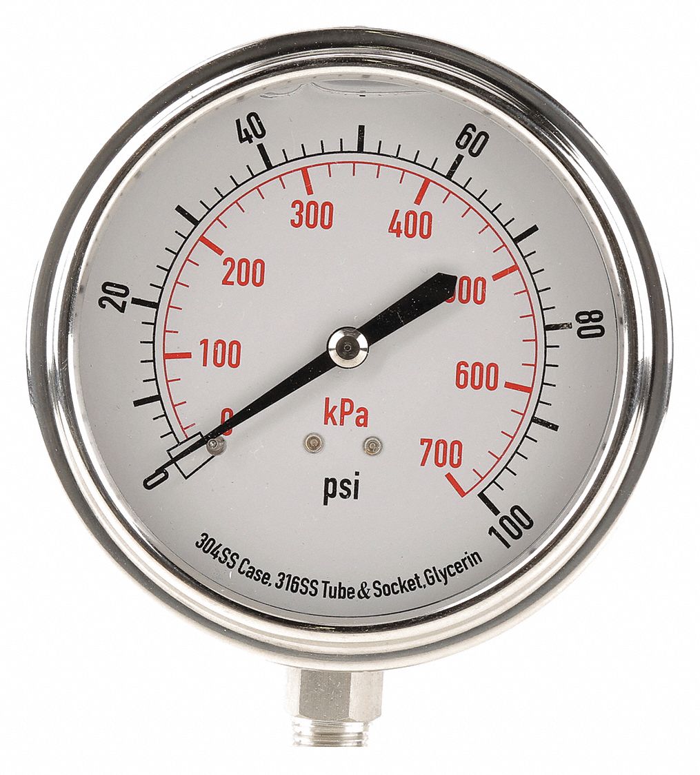 GRAINGER APPROVED Pressure Gauge, 0 to 100 psi, 0 to 700 kPa Range, 1/4