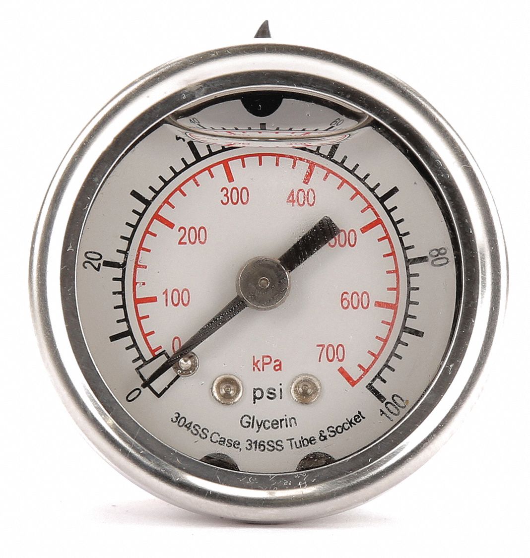 GRAINGER APPROVED Pressure Gauge, 0 to 100 psi, 0 to 700 kPa Range, 1/8