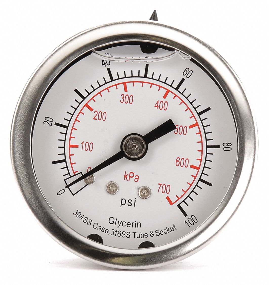 GRAINGER APPROVED Pressure Gauge, 0 to 100 psi, 0 to 700 kPa Range, 1/4