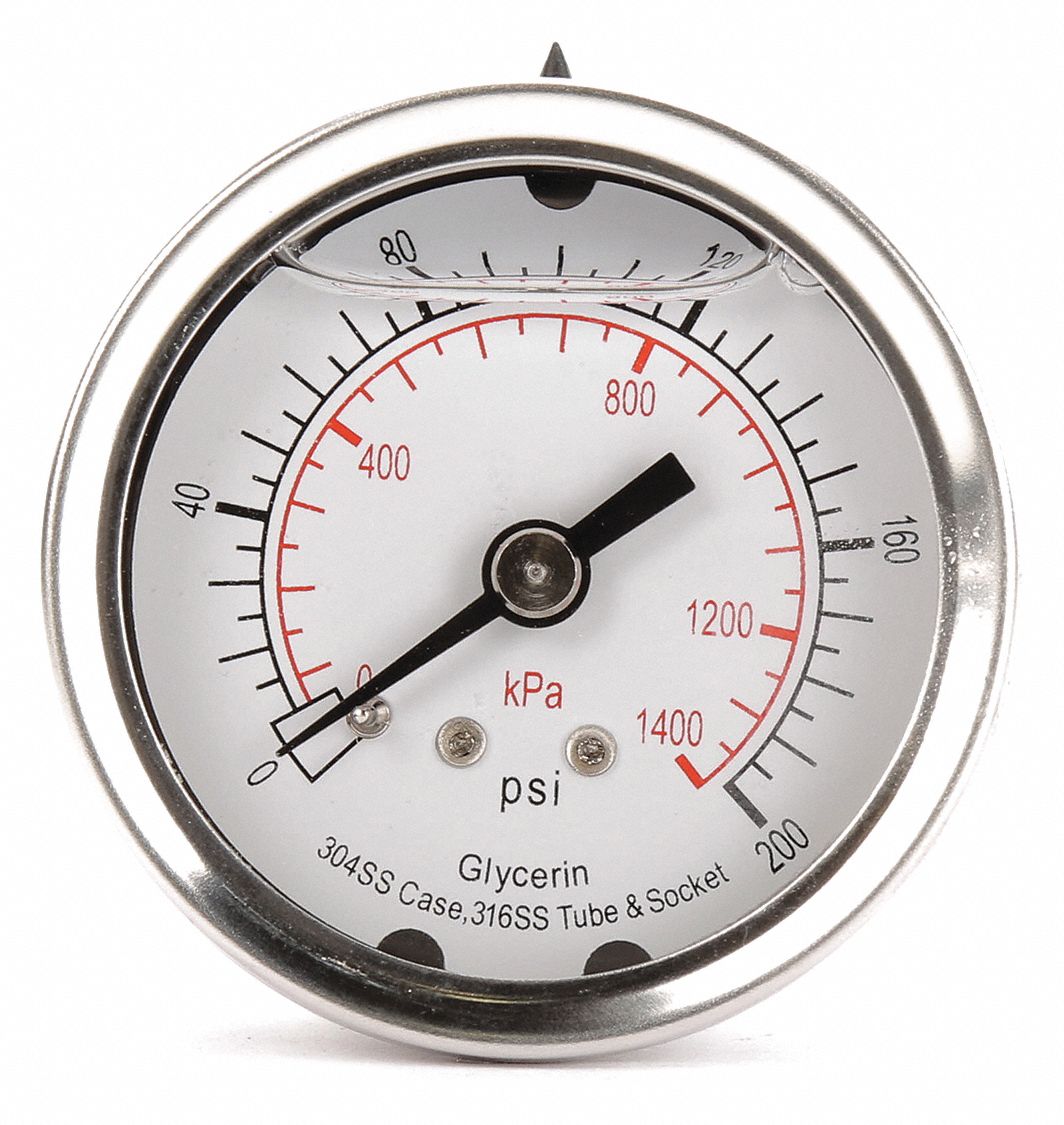 GRAINGER APPROVED Pressure Gauge, 0 to 1400 kPa, 0 to 200 psi Range, 1/