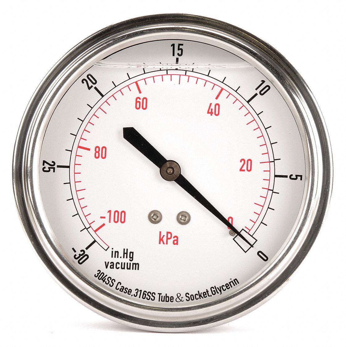 GRAINGER APPROVED Vacuum Gauge, 100 kPa Vac to 0, 30 in Hg Vac to 0 Range, 1/4 in NPT, +/323