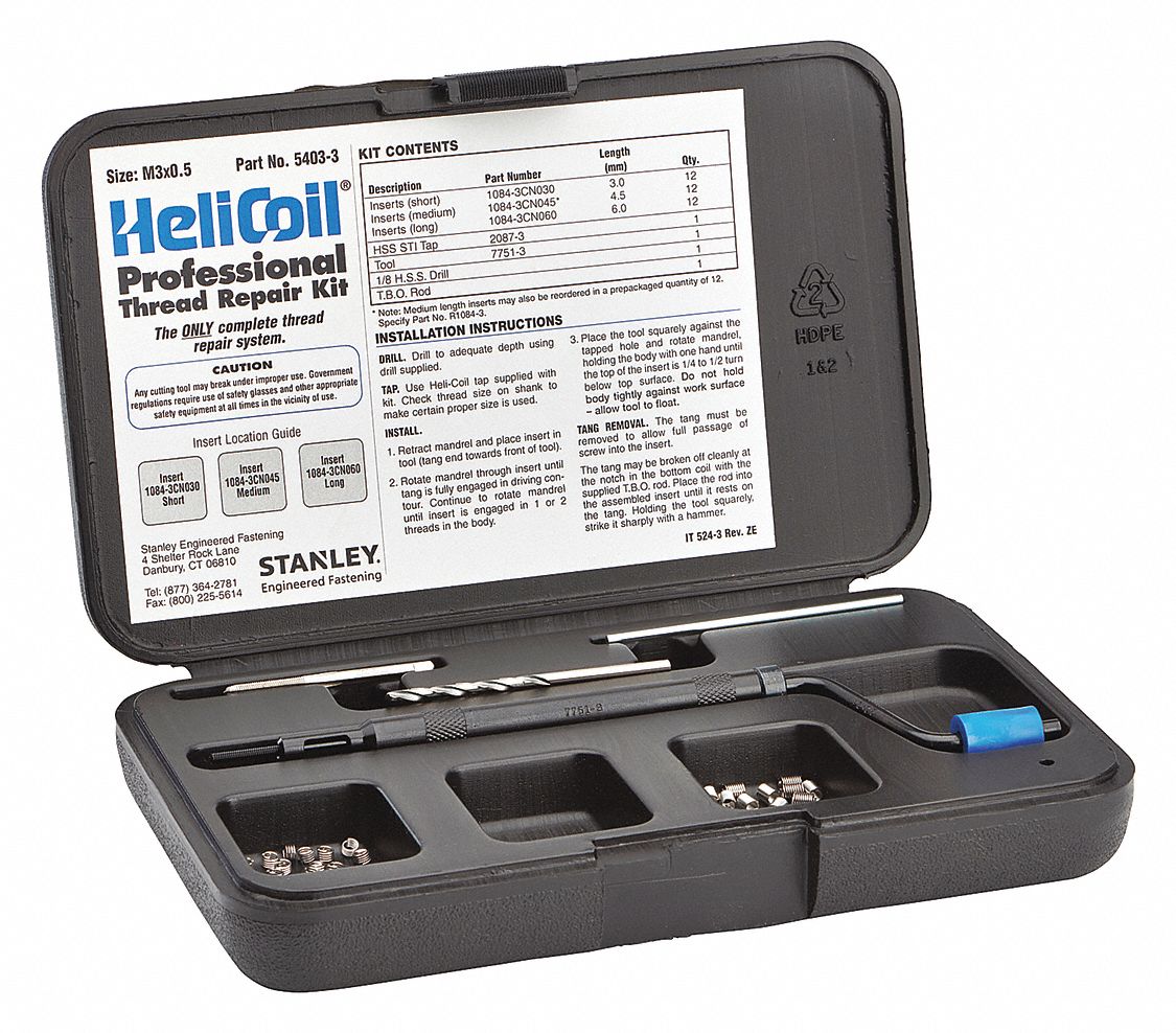 HELICOIL 304 Stainless Steel Thread Repair Kit, M3 x 0.5 Size, 12 Ea. 3, 4.5, 6mm Length