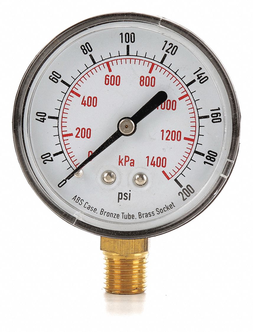 GRAINGER APPROVED Pressure Gauge, 0 to 1400 kPa, 0 to 200