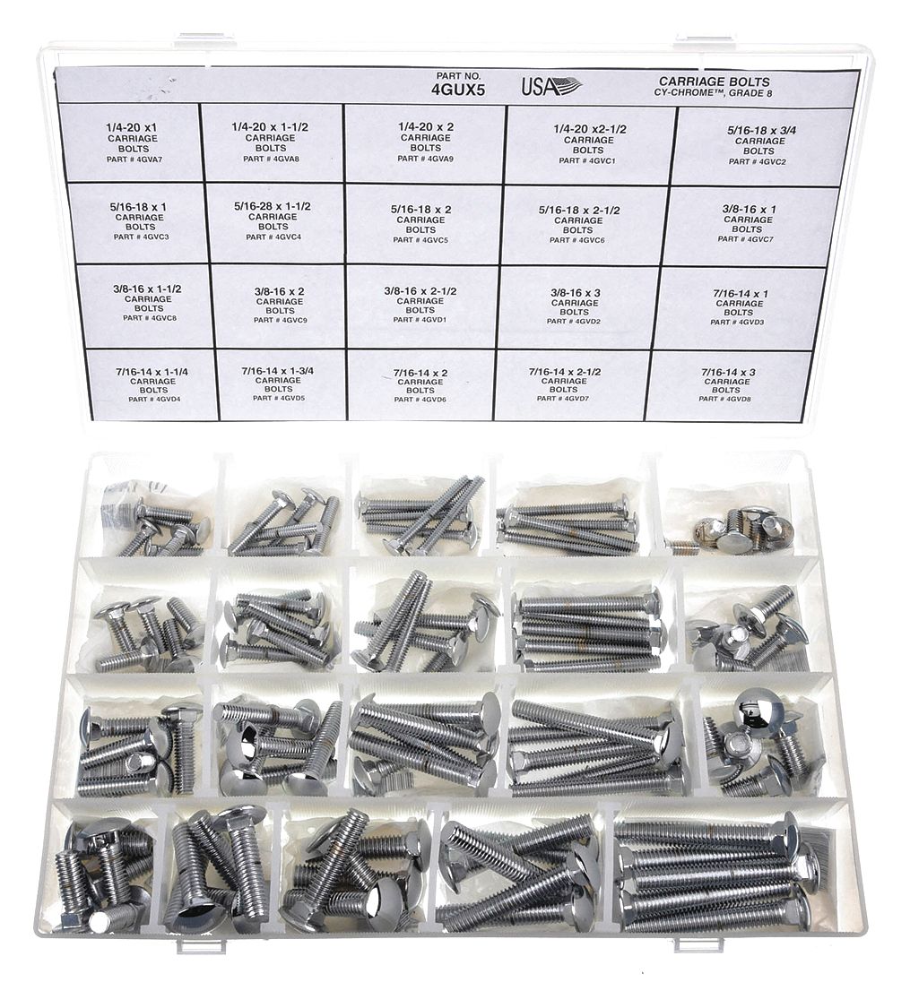 Steel, Grade 5, Carriage Bolt Assortment 4GUX5MK571 Grainger