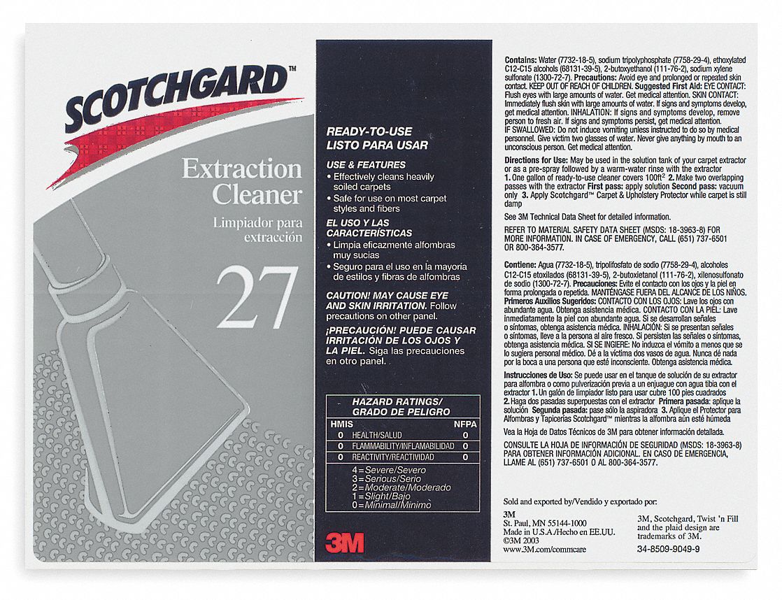 3M Secondary Bottle Label Scotchgard Carpet Extraction Cleaner 27, 12