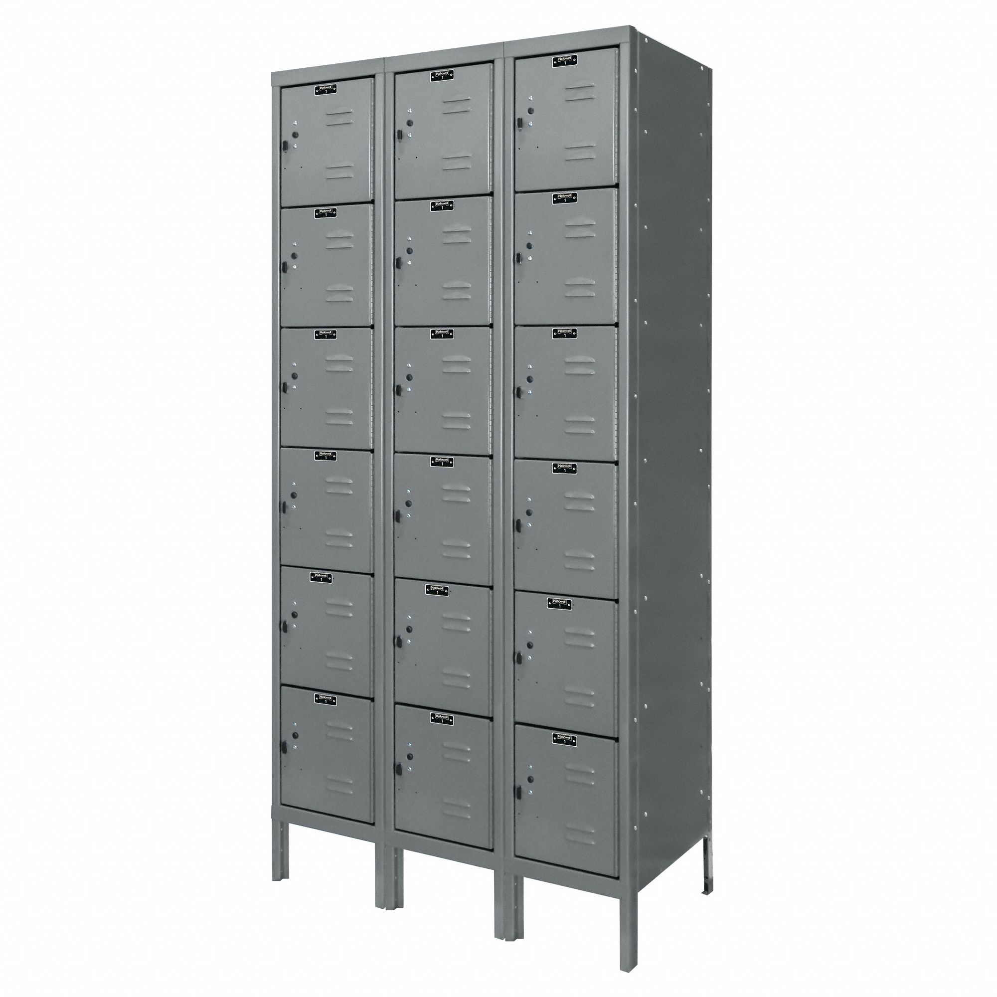 HALLOWELL Box Locker 36 in x 12 in x 78 in, 6 Tiers, 3 Units Wide, Louvered, Padlock Hasp, Gray