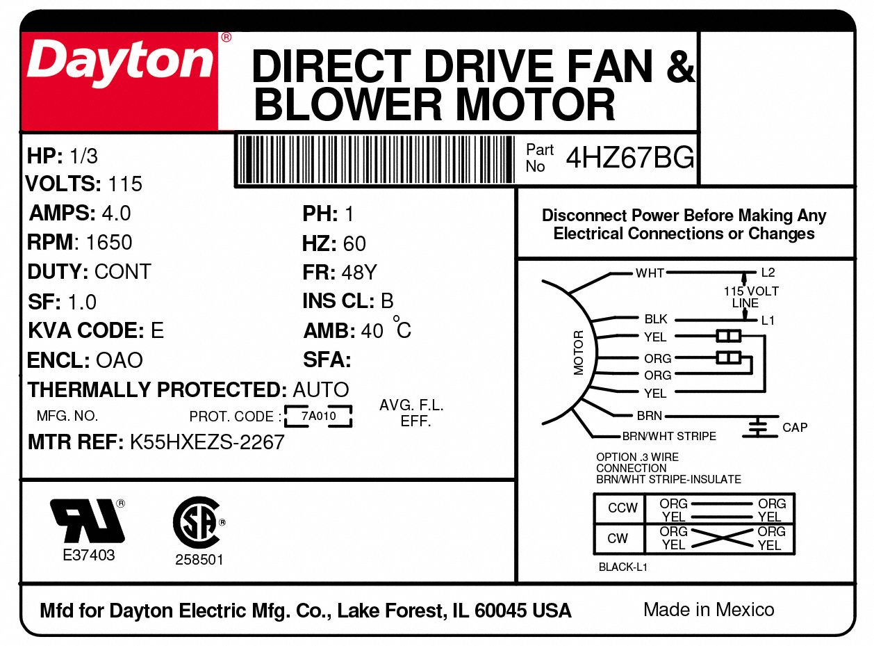 DAYTON Direct Drive Blower Motor: 1 Speed, Open Air-Over, Stud Mount, 1