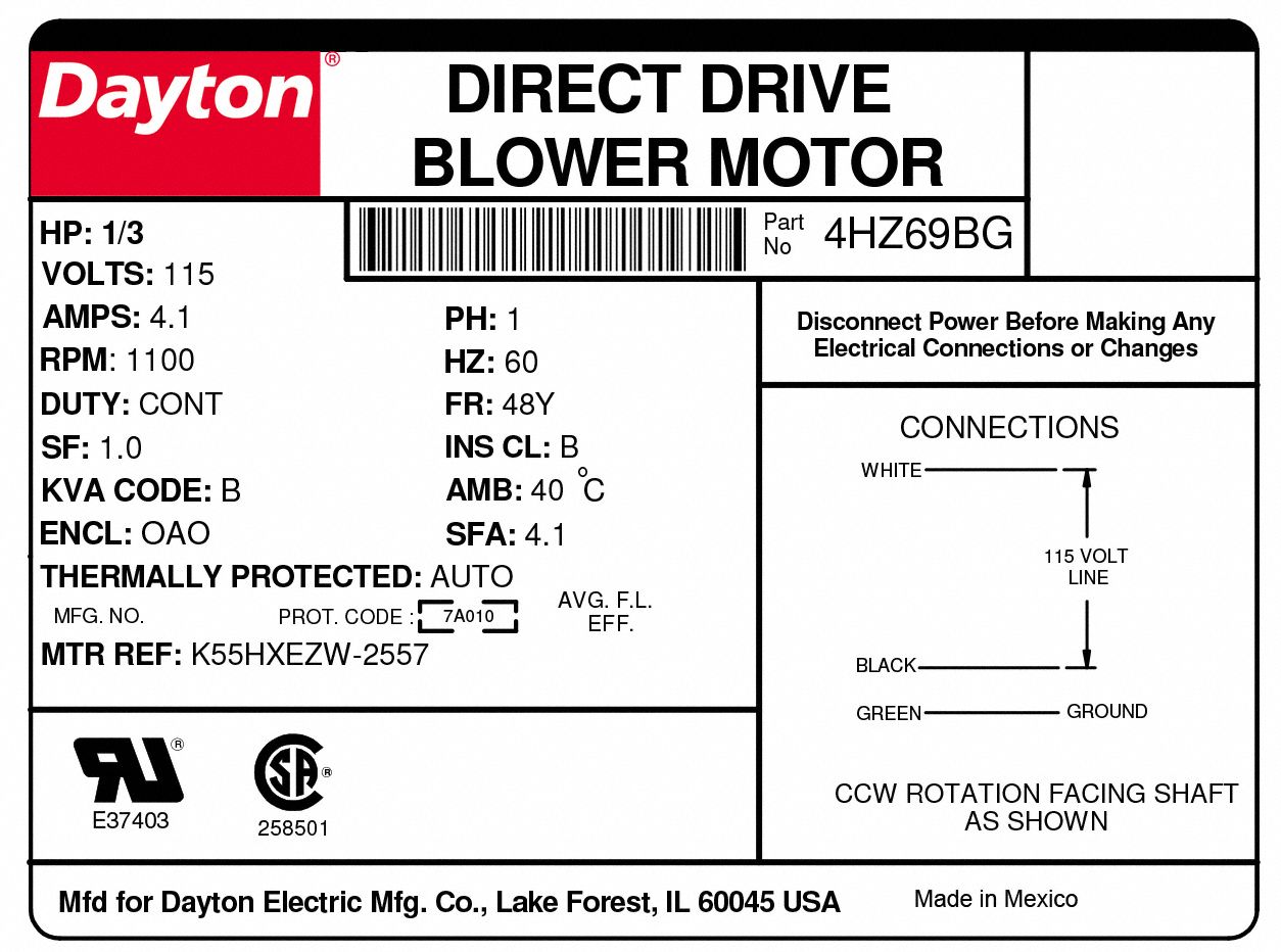 DAYTON Direct Drive Blower Motor: 1 Speed, Open Air-Over, Stud Mount, 1