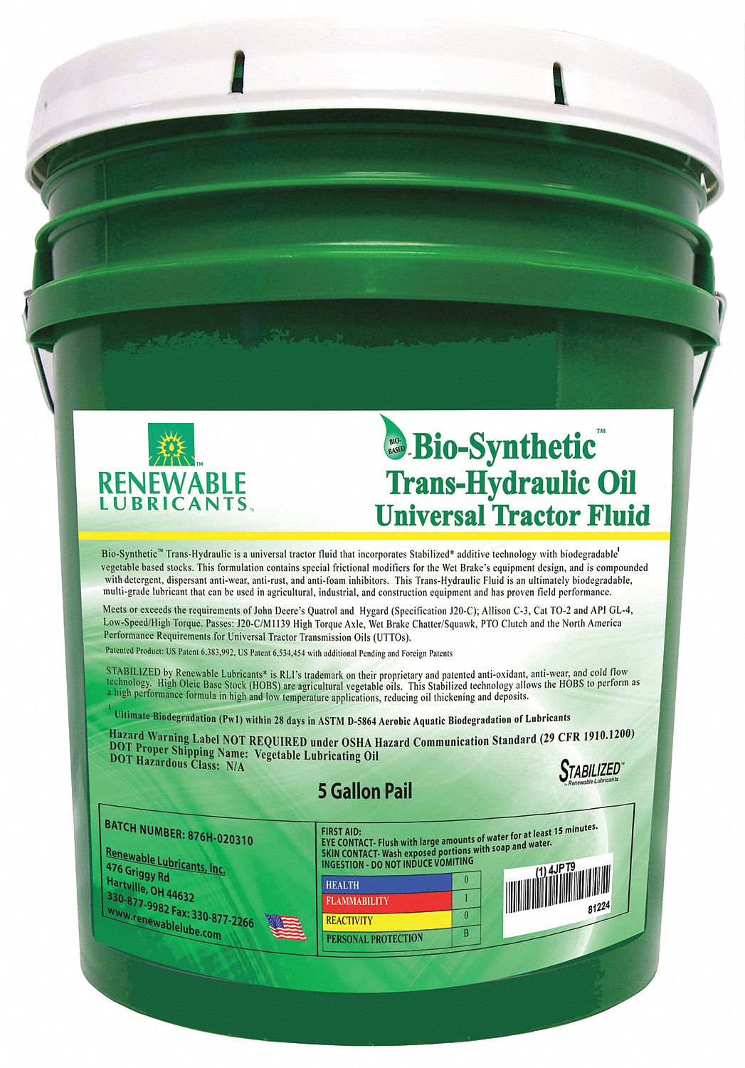 RENEWABLE LUBRICANTS Vegetable Oil Hydraulic Oil, 5 gal Pail, ISO