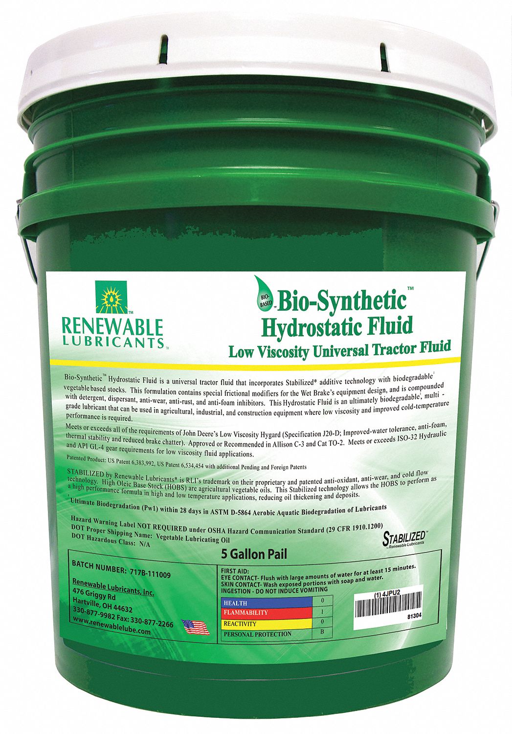 RENEWABLE LUBRICANTS Vegetable Oil Hydraulic Oil, 5 gal Pail, ISO Viscosity Grade 32 4JPU2