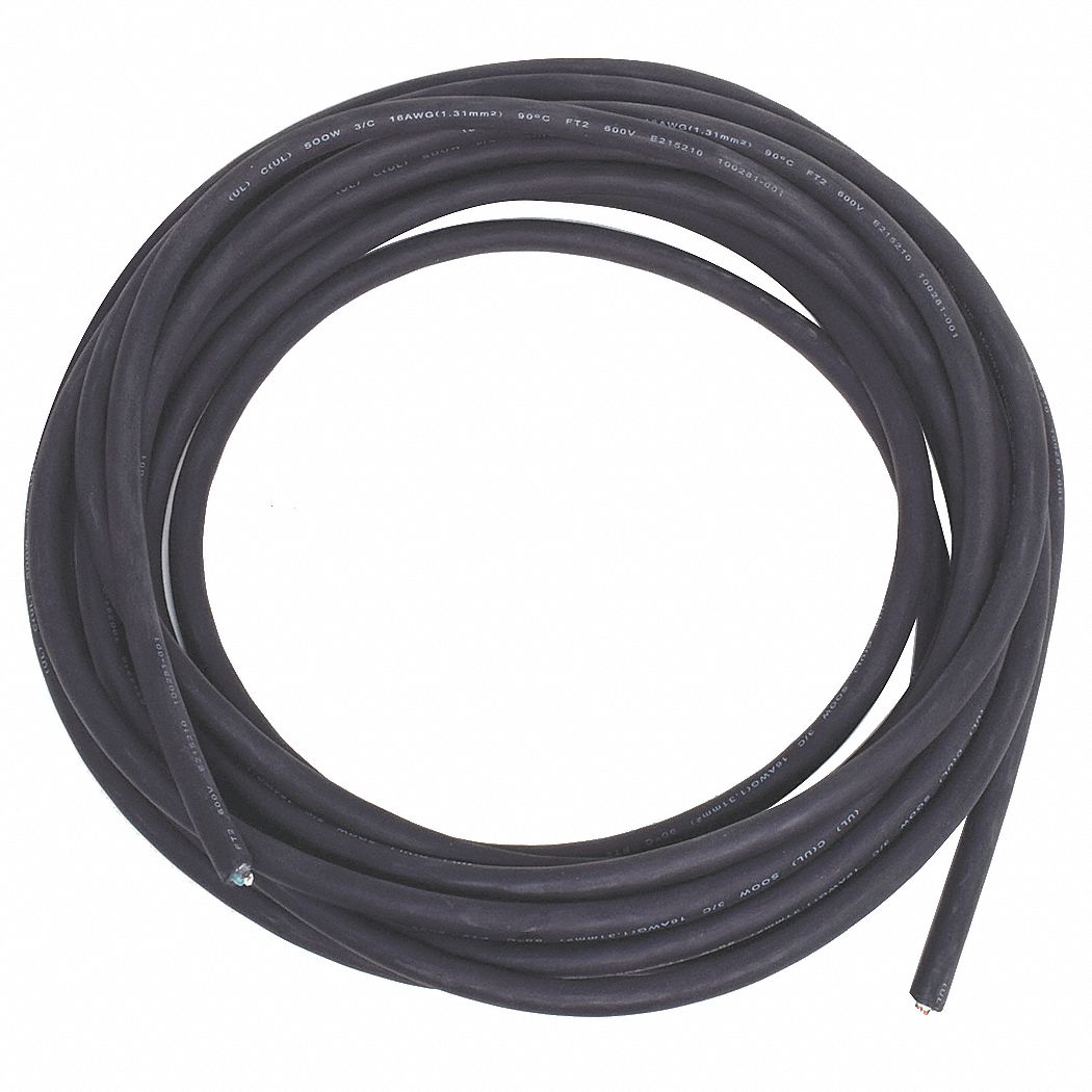 GRAINGER APPROVED Portable Cord 3 Conductors, 16 AWG Wire Size, Rubber, Black, 25 ft Lg, SOOW