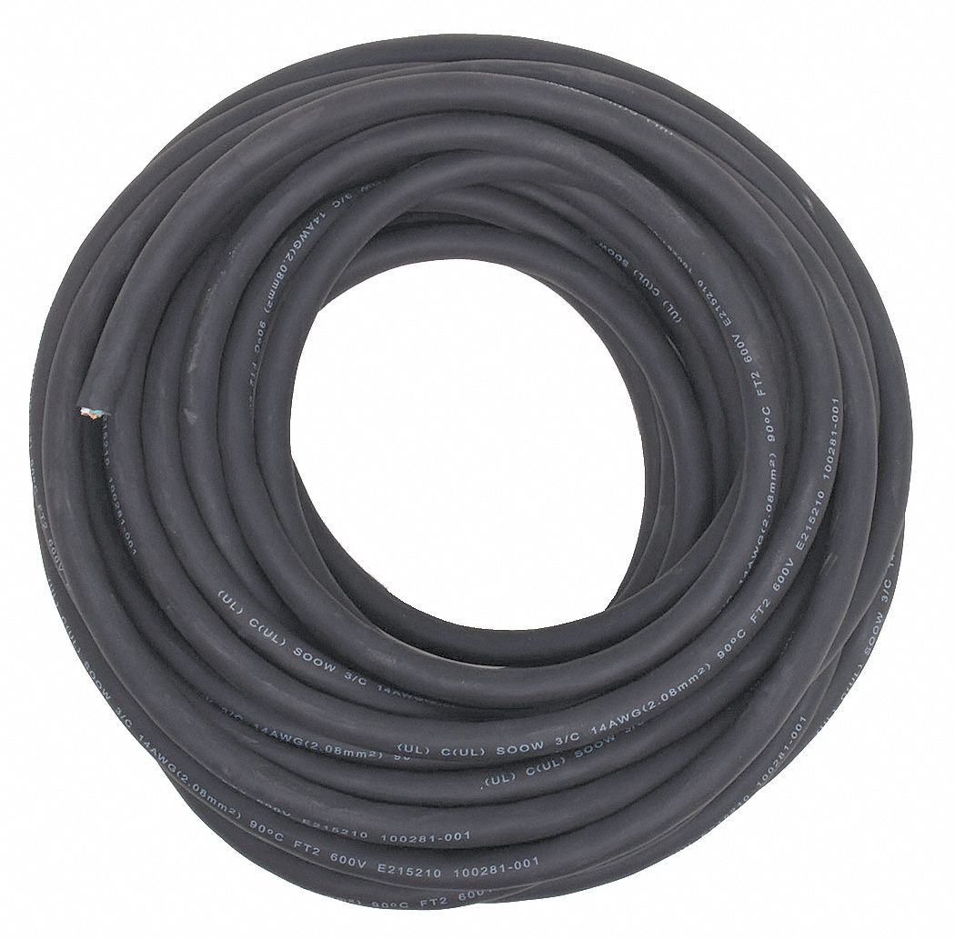 GRAINGER APPROVED Portable Cord 3 Conductors, 14 AWG Wire Size, Rubber, Black, 50 ft Lg, SOOW
