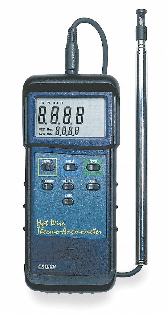 EXTECH Anemometer Hot Wire and Thermistor, Dual LCD, 40 to 3,940 fpm