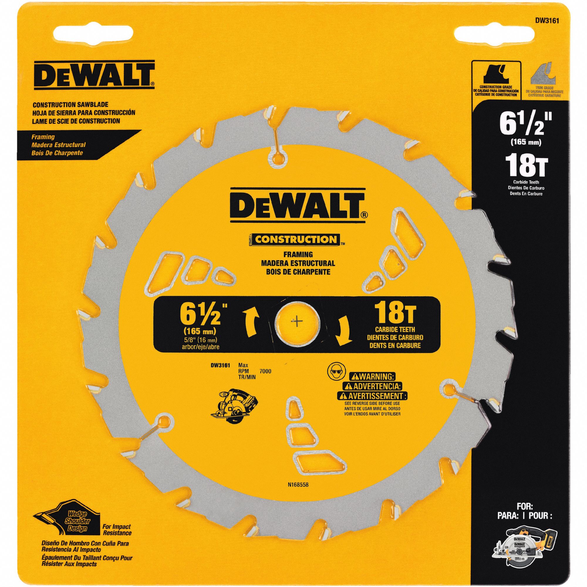 DEWALT Circular Saw Blade, Wood Materials Cut, 6 1/2 in Blade Dia., 5/8