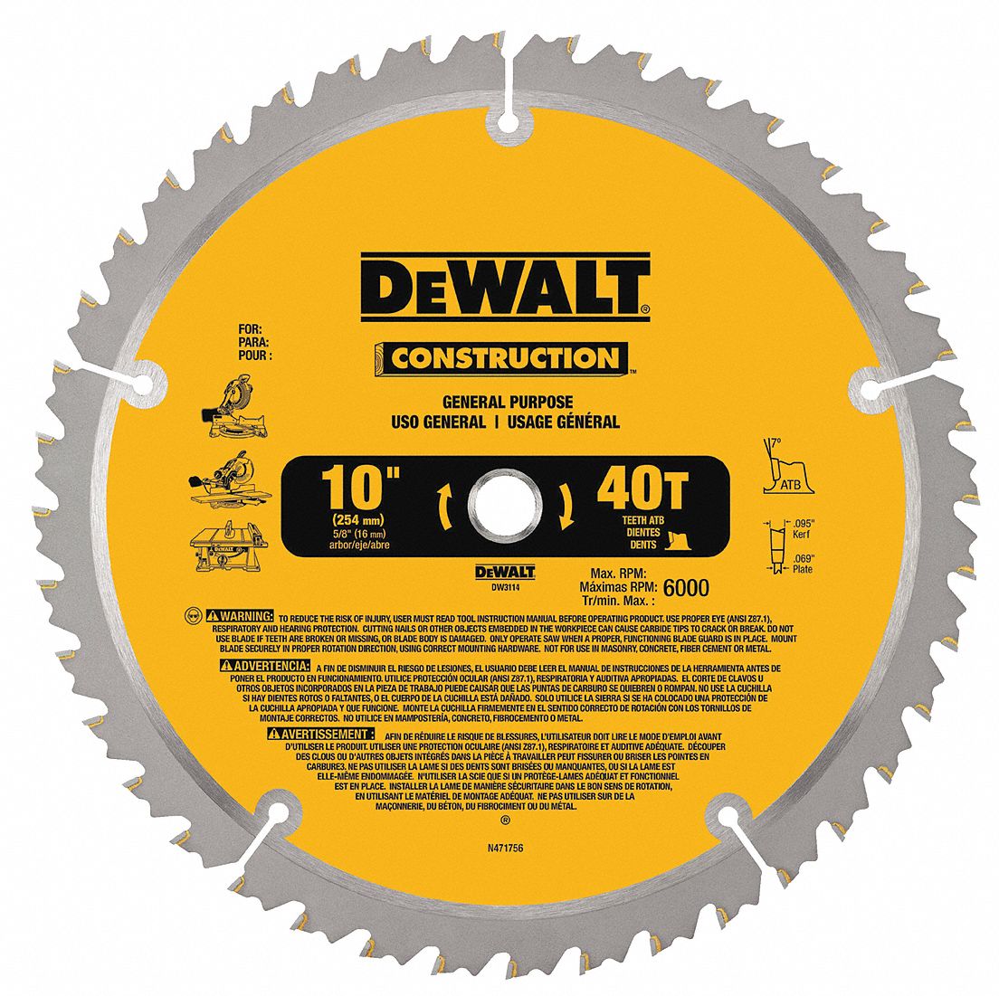 DEWALT Circular Saw Blade, Wood Materials Cut, 10 in Blade Dia., 5/8 in