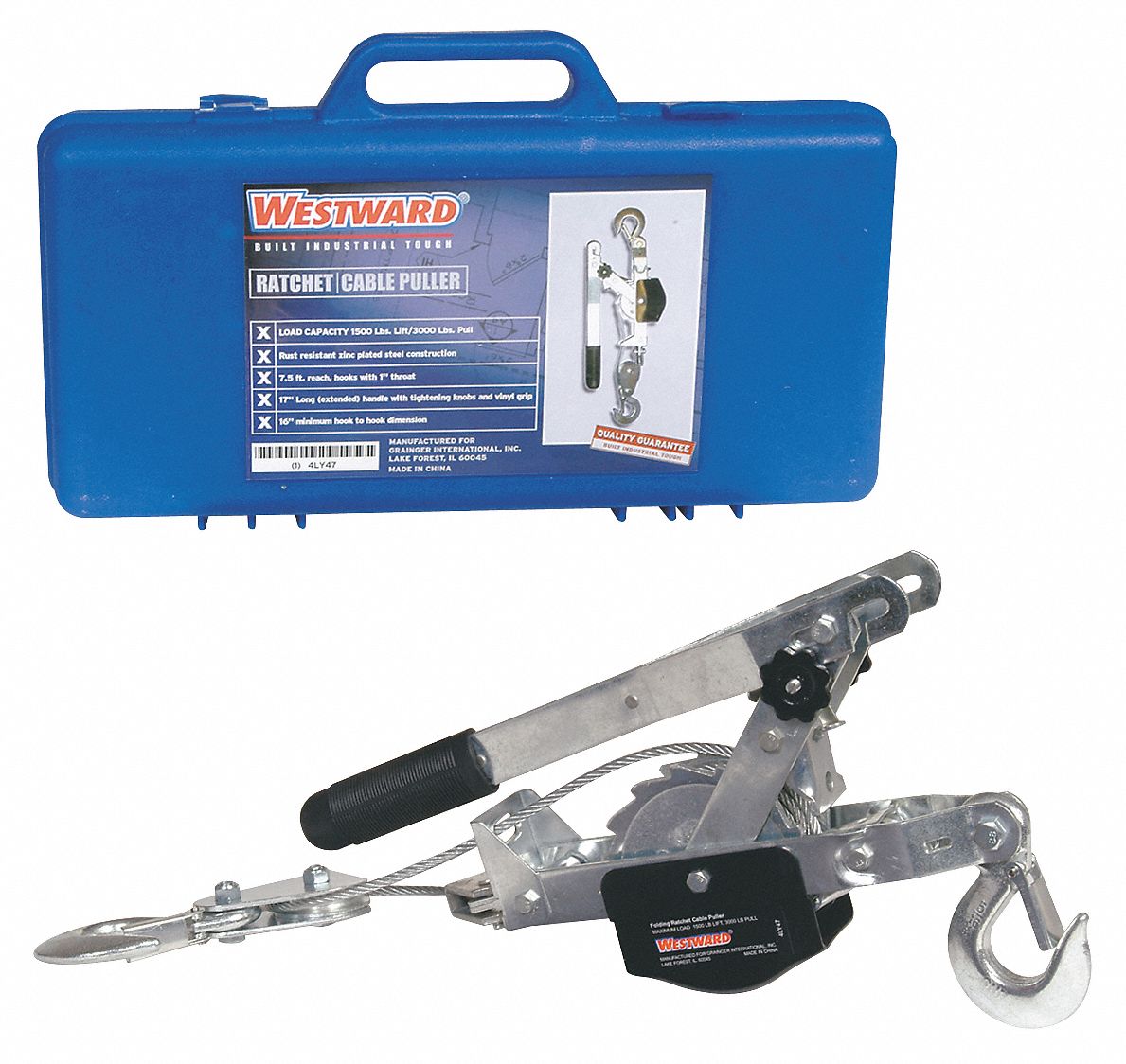 WESTWARD Cable Ratchet Puller, 3000 lb. Pull Capacity, 71/2 ft. Cable