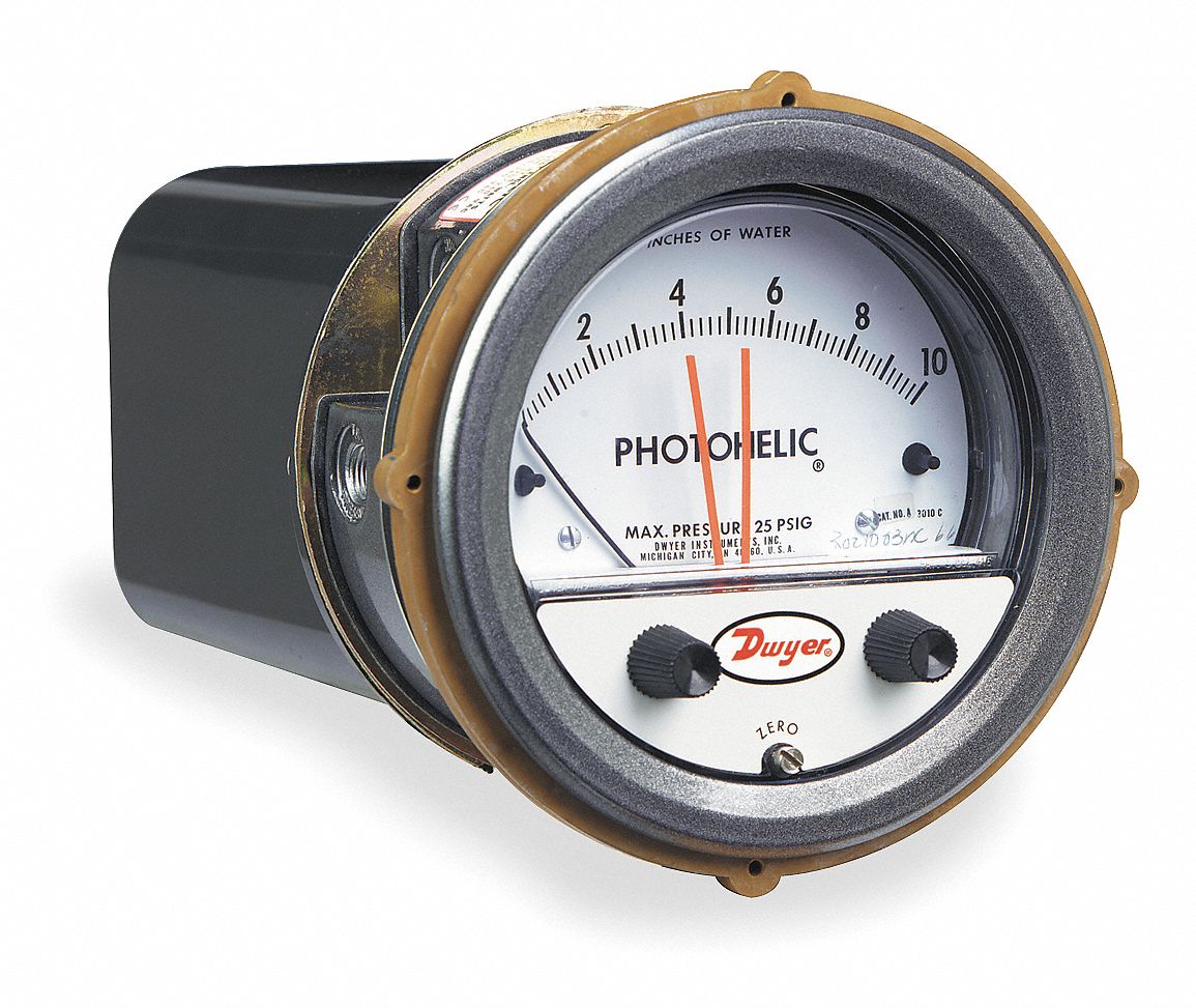DWYER Differential Pressure Gauge & Switch 0 to 10 in wc, SingleSide