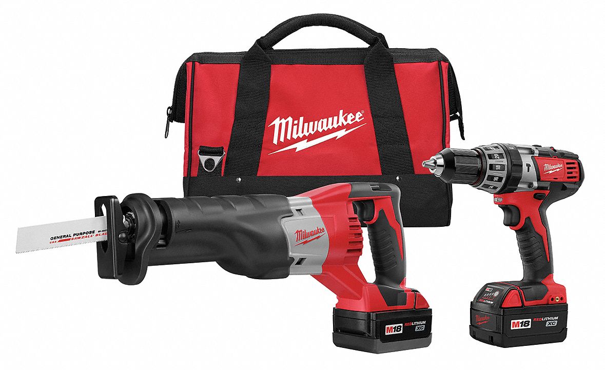 MILWAUKEE Cordless Combination Kit: 18V DC Volt, 2 Tools, Full-Size