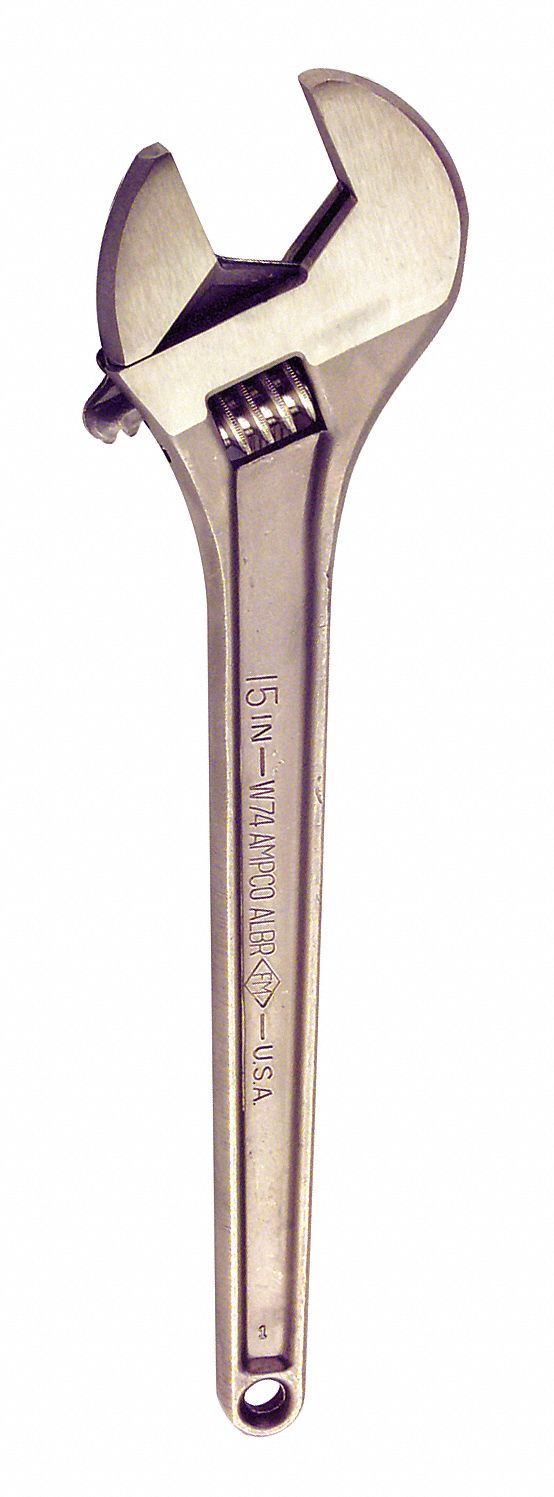 AMPCO Adjustable Wrench, Aluminum Bronze, Natural, 15 in, Jaw Capacity