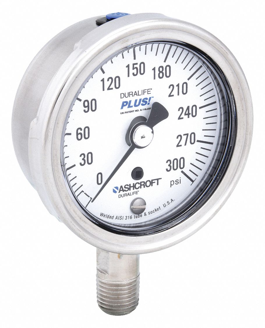 ASHCROFT, 0 to 300 psi, 2 1/2 in Dial, Industrial Pressure Gauge 4TA60251009SW02LXLL300