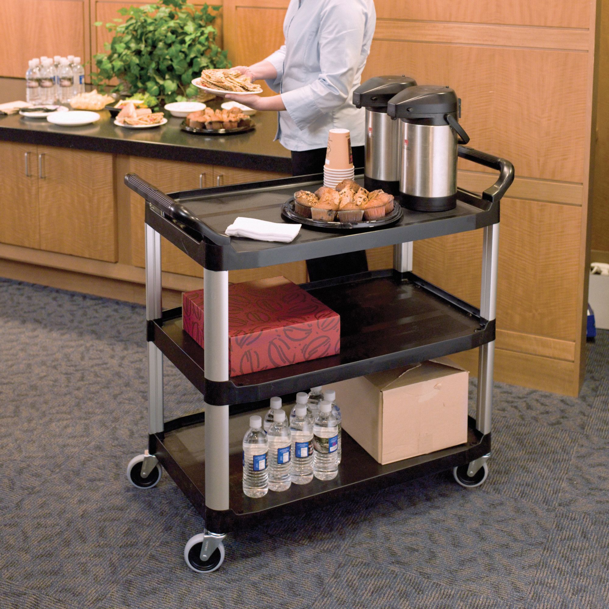 RUBBERMAID COMMERCIAL PRODUCTS DualHandle Utility Cart with Lipped Plastic Shelves 40 in x 20