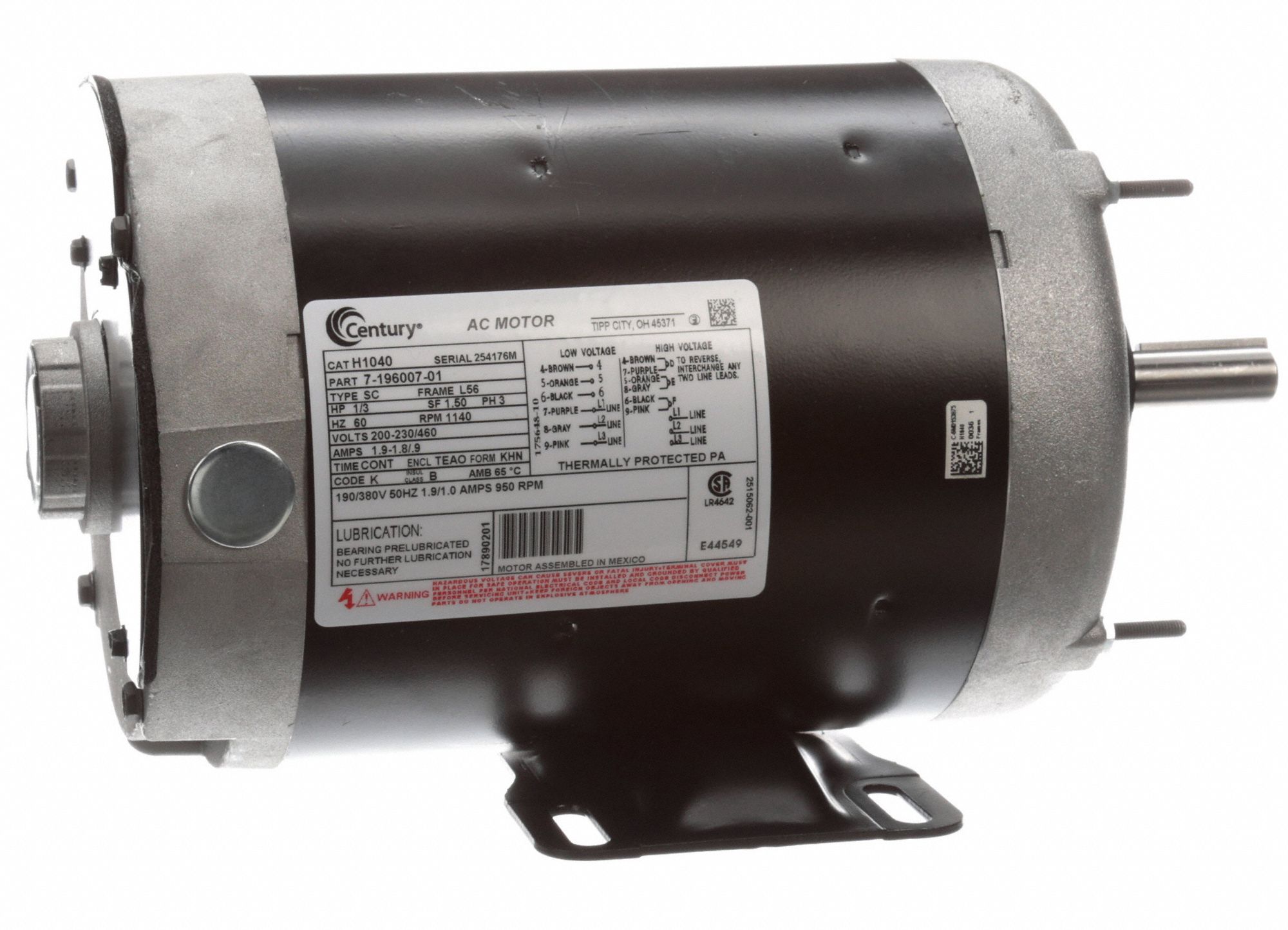 CENTURY Transformer Cooling Fan Motor 3Phase, 1/3 HP, 1,140 Nameplate