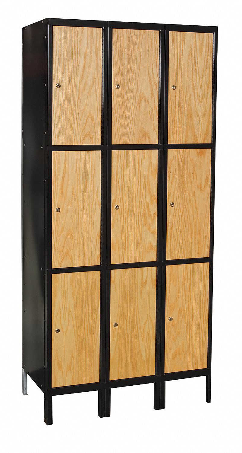 HALLOWELL Light Wood/Black Wardrobe Locker, (3) Tier, (3) Wide Openings