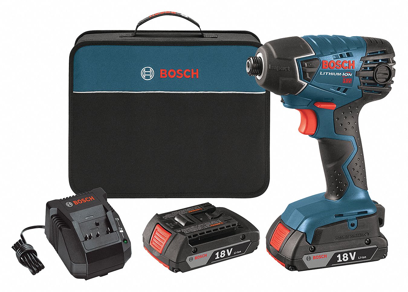 BOSCH Cordless, Impact Driver Kit, 1/4 in Hex, 18V DC, 1,500 inlb Max. Torque 4WLK62561802