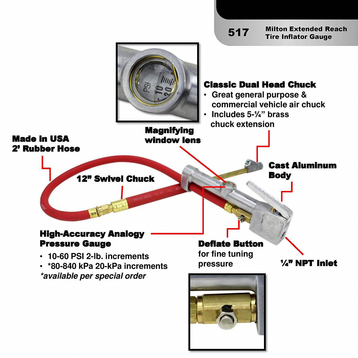 MILTON Dual Head Straight Chuck Inflator Gauge 51EP16517 Grainger