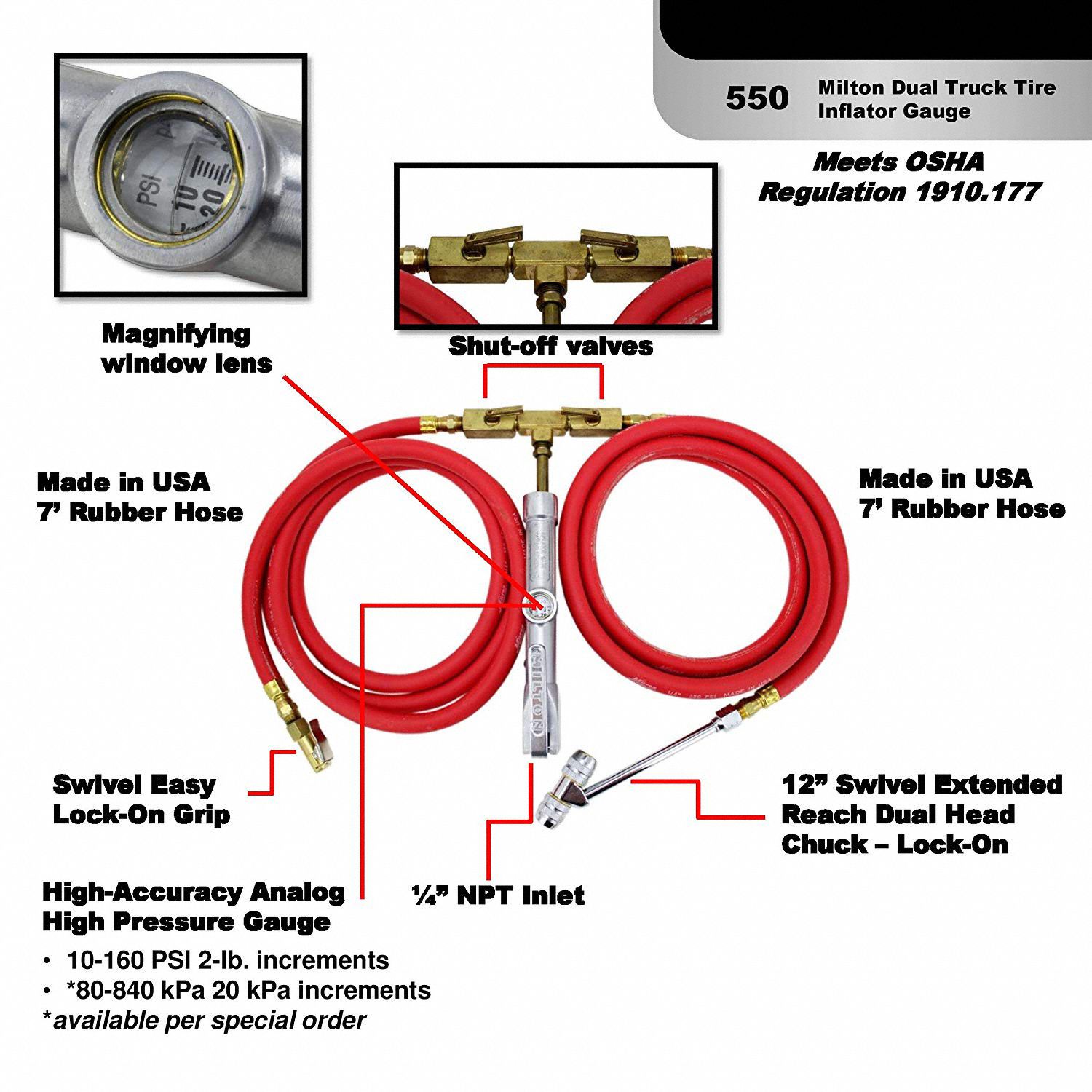MILTON Dual Truck Tire Inflator Gauge 51EP21550 Grainger