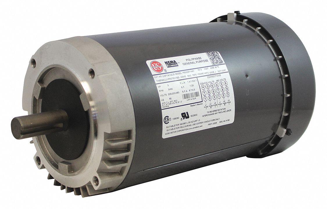 US MOTORS General Purpose Motor, 3 HP, 3Phase, Nameplate RPM 3,450