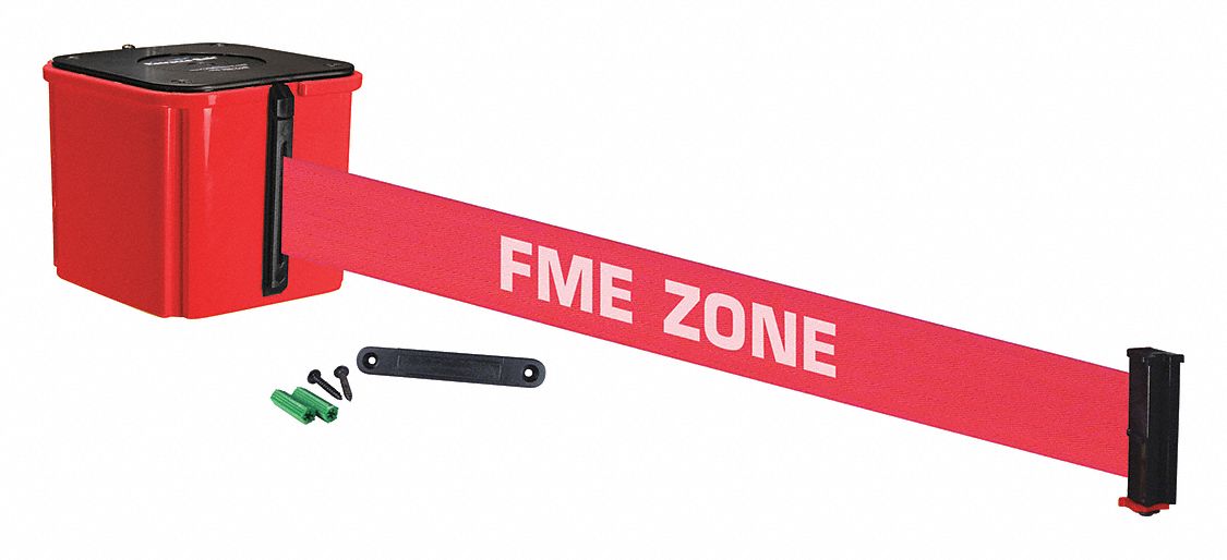 RETRACTABELT, Red with White Text, FME Zone, Retractable Belt Barrier