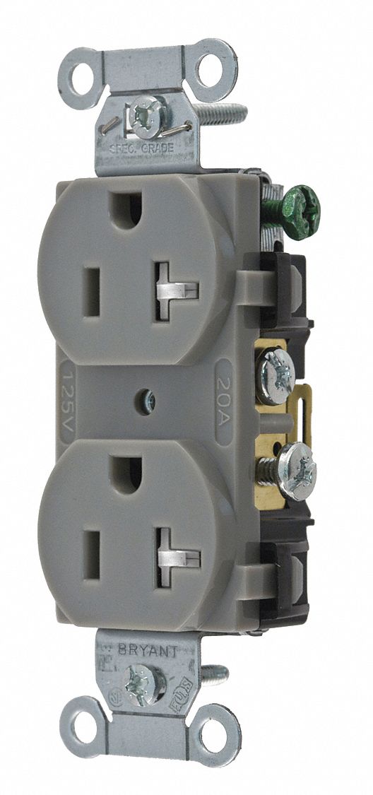 BRYANT Receptacle Commercial, Std Duplex, Flush Mount, 20 A, 125V AC