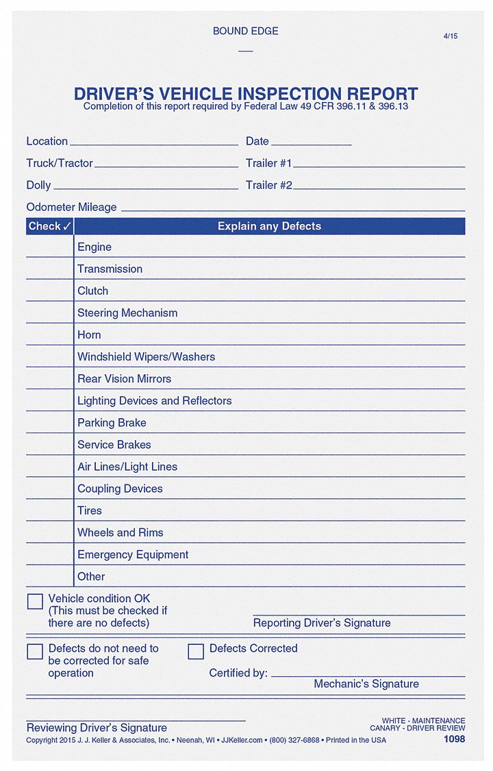 JJ KELLER, With Carbon, 3 Plies, Simplified Vehicle Inspection Report
