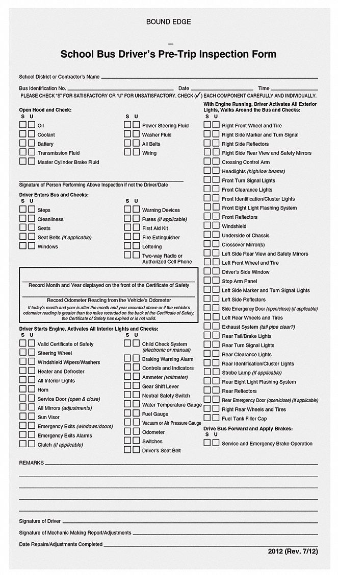 IL School Bus Driver Inspection Form Carbonless Size 5-1/2 x 9-1/4 in
