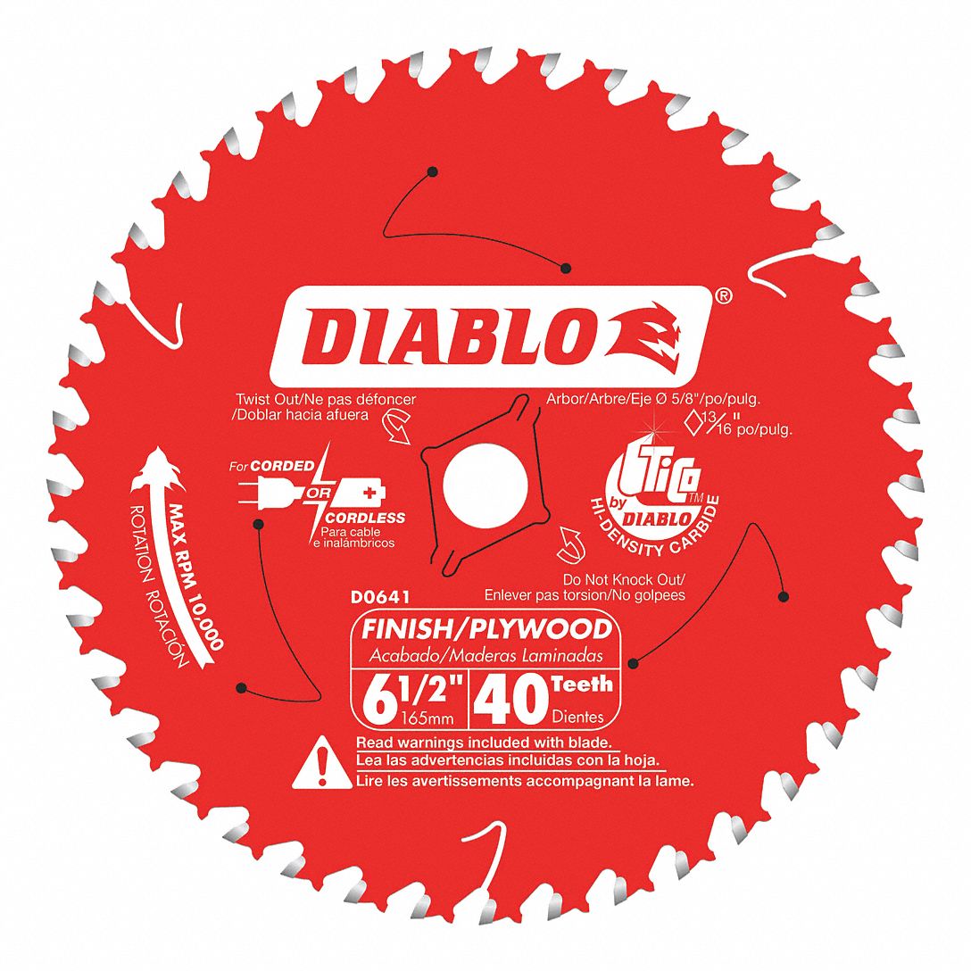 DIABLO Circular Saw Blade, Wood Materials Cut, 6 1/2 in Blade Dia., 5/8