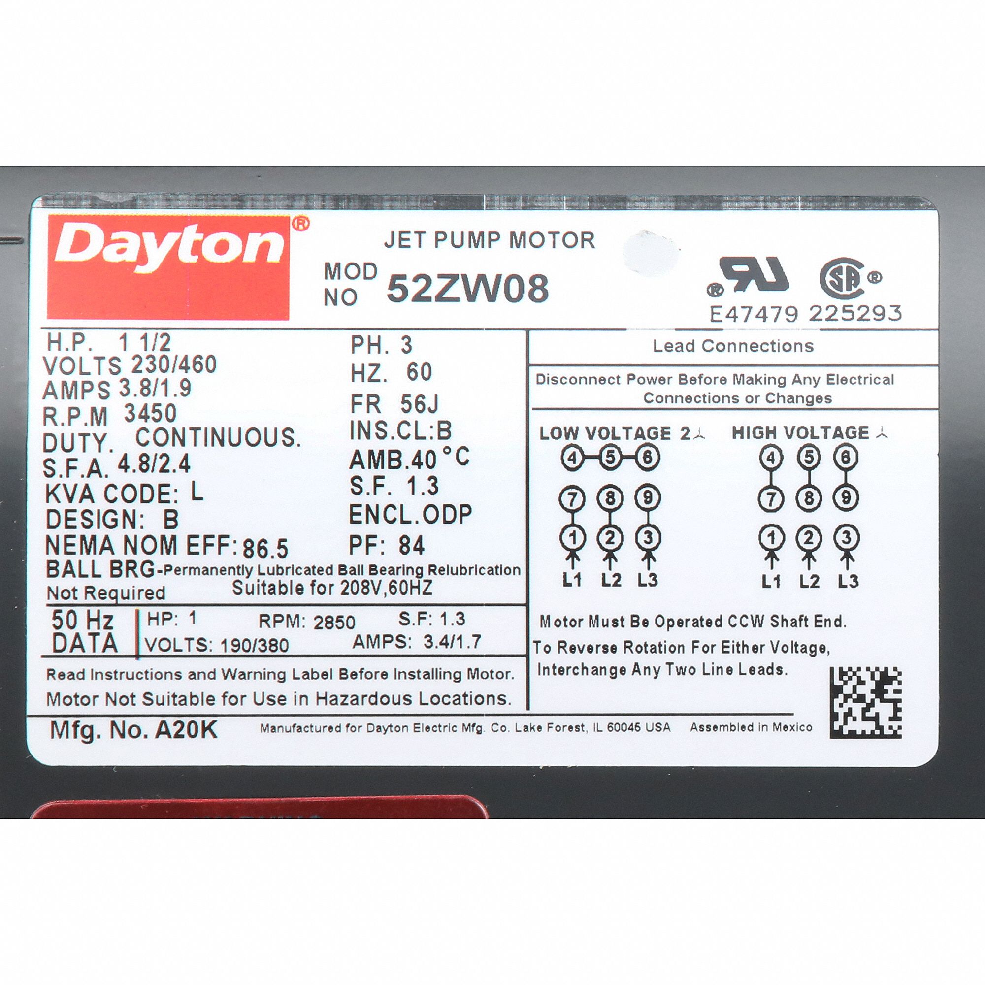 DAYTON Jet Pump Motor: Open Dripproof, Face/Base Mounting, 1 1/2 HP