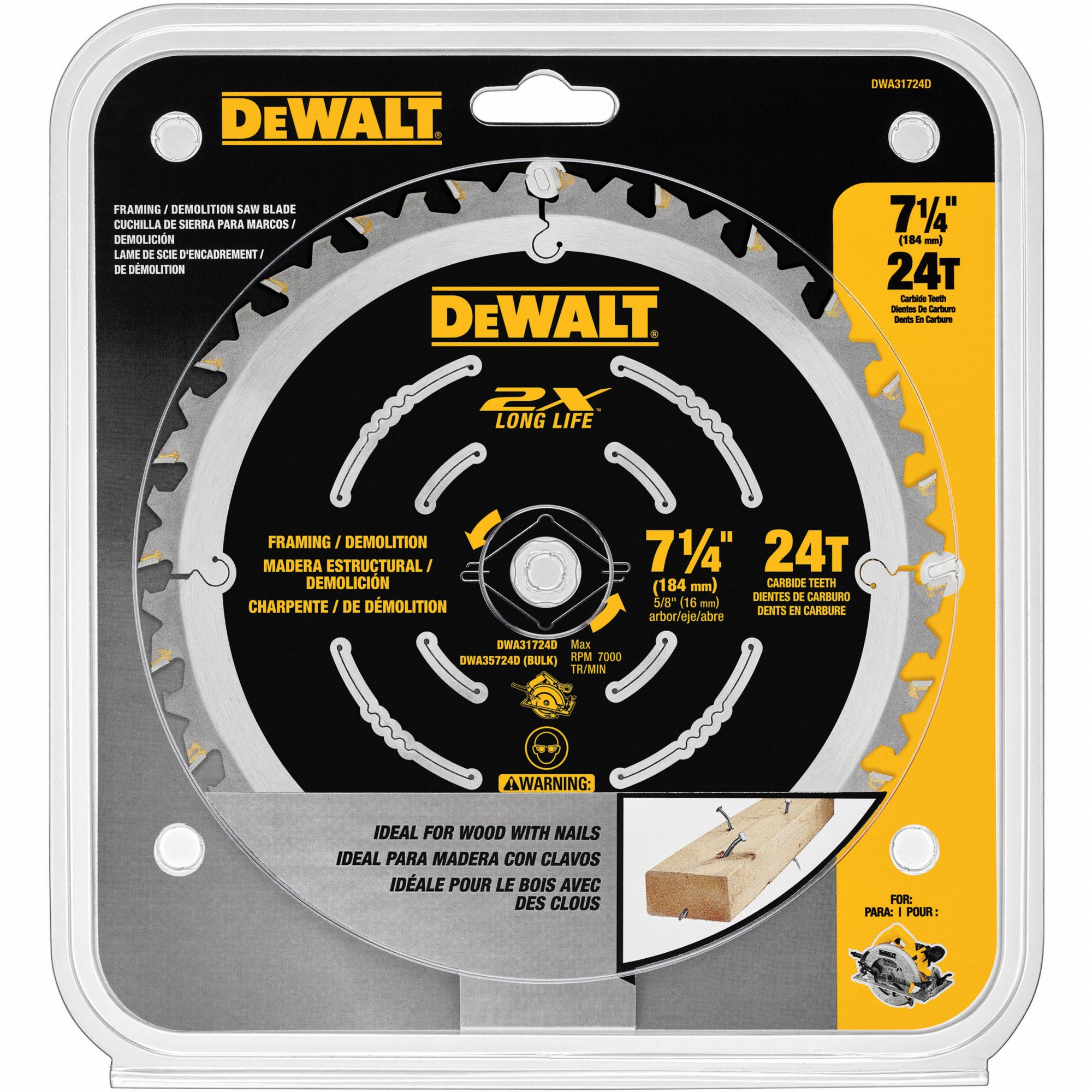 DEWALT Circular Saw Blade, NailEmbedded Wood Materials Cut, 7 1/4 in