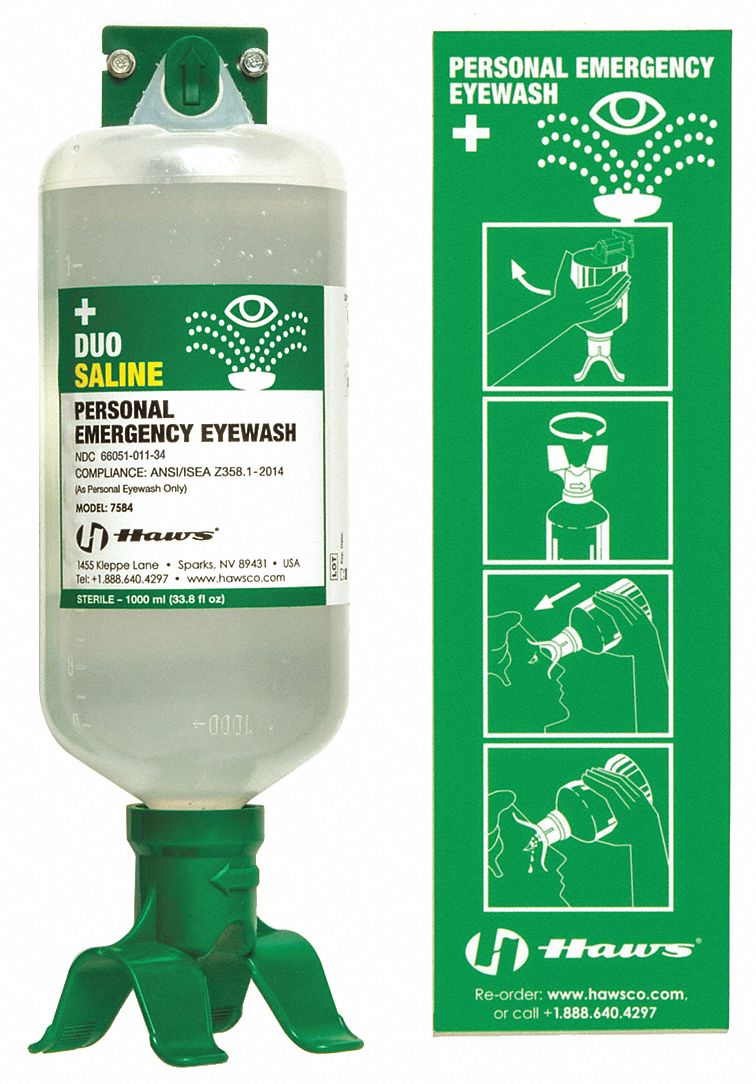 Eye Wash Station, 33.8 oz Bottle Size, 3 yr Shelf Life, 8 in Height, 3