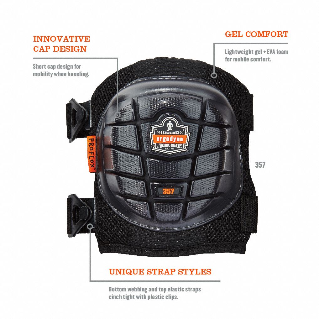 PROFLEX BY ERGODYNE Hard Shell 2Strap Knee Pads, Black, Universal