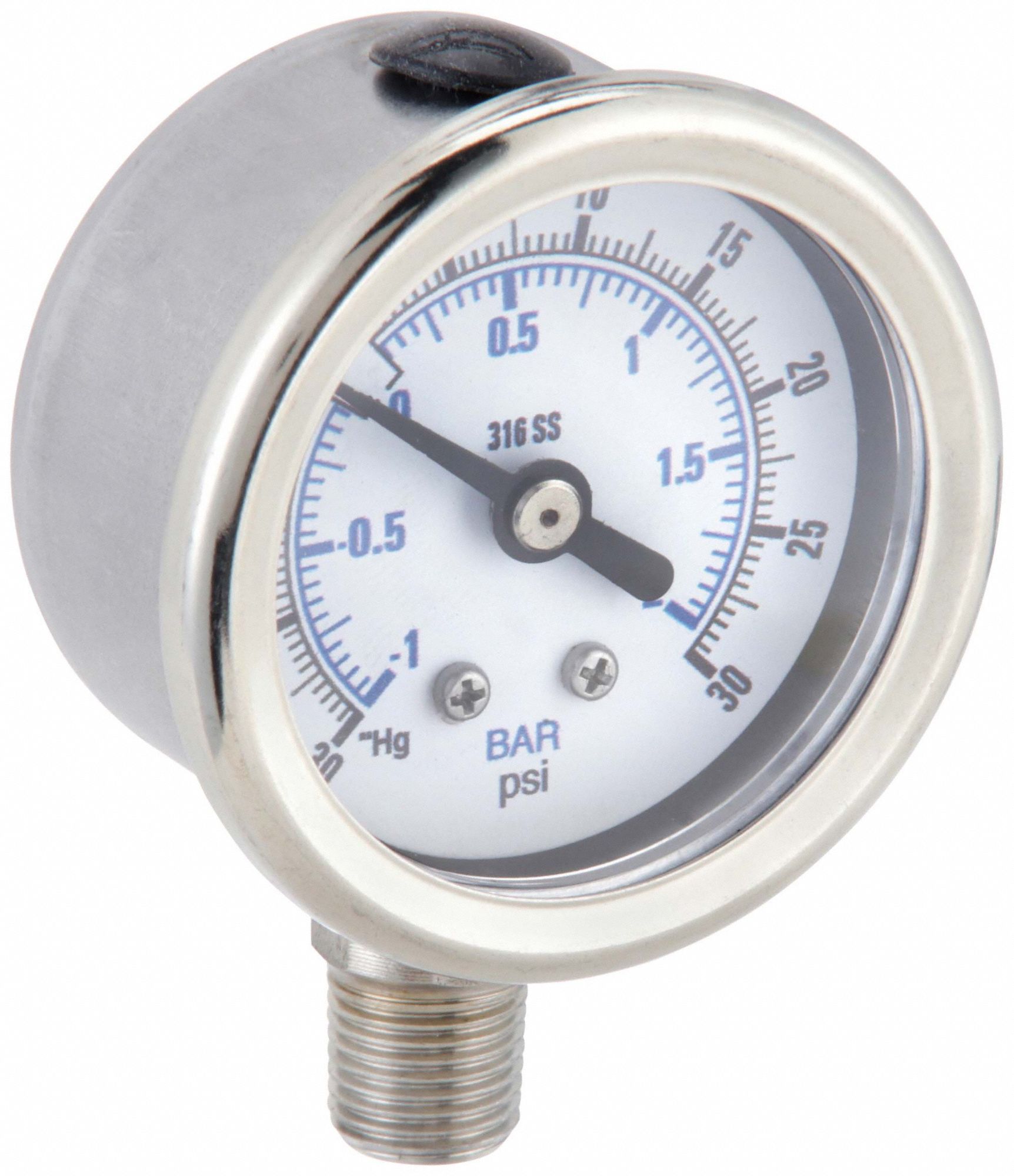 PIC GAUGES, 30 to 0 to 30 in Hg/psi, 1 1/2 in Dial, Industrial Compound